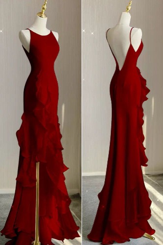 Simple Mermaid Prom Gown With Ruffles Spaghetti Straps Backless Prom Dress For Date P1847 | AS PHOTO(BURGUNDY) / US4