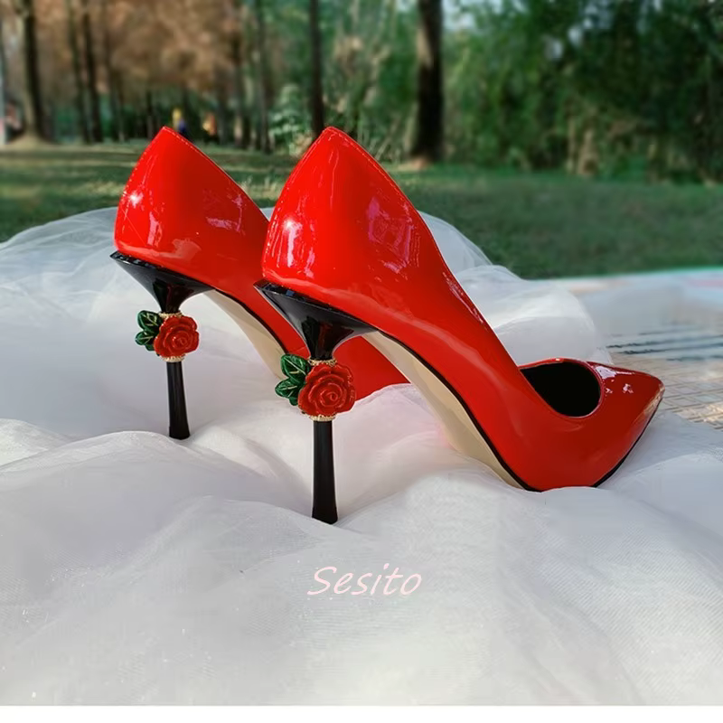 Red Rose Flower Sculpture Heel Pumps Patent Leather Pointy Toe Fashion Women Sexy Slip On Summer Sandals Party Dress Casual Shoe - AliExpress 322