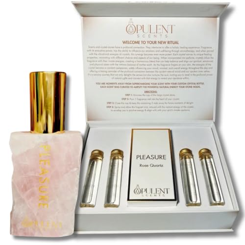 Opulent Scents PLEASURE with Rose Quartz Crystal Energy Perfume 3.4oz | Sacral Chakra Healing | Ayurvedic Aromatherapy | Spiritual Gift for Men & Women | Long Lasting Luxury EDP with Rose - Pleasure