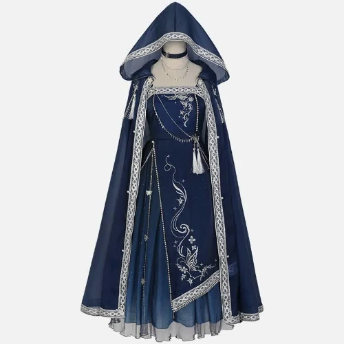 Vintage Embroidery Butterfly Chain Slip Dress Hooded Cloak