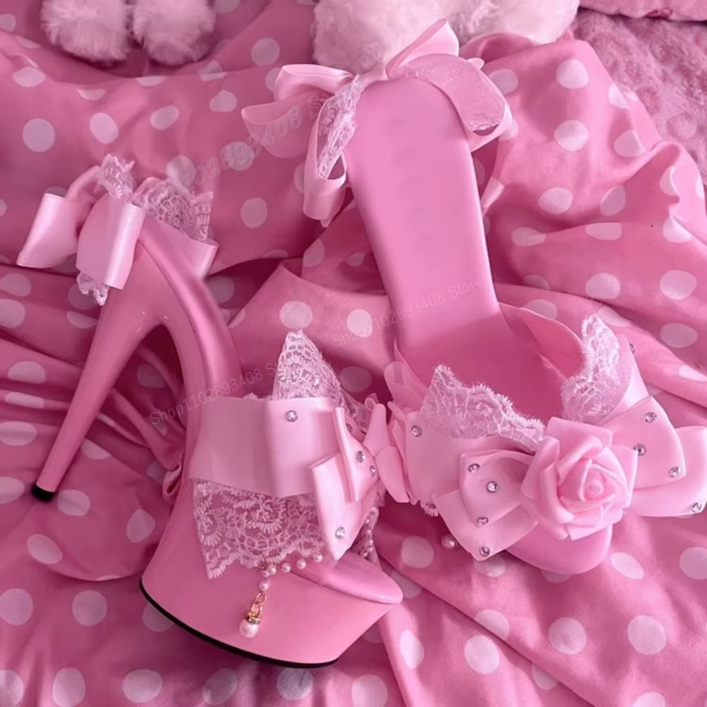 Pink Lace Butterfly Knot Decor Peep Toe Slippers Sweet Design 15CM Stiletto High Heel Sexy Women Shoes 2024 Zapatos Para Mujere - AliExpress 200000532