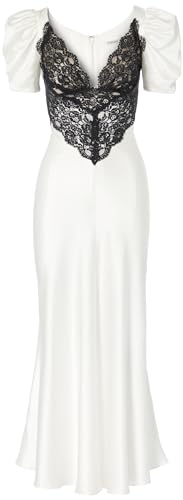 Rodarte, Off White Silk Short Sleeve Dress With Black Lace Details, White - 4 - White