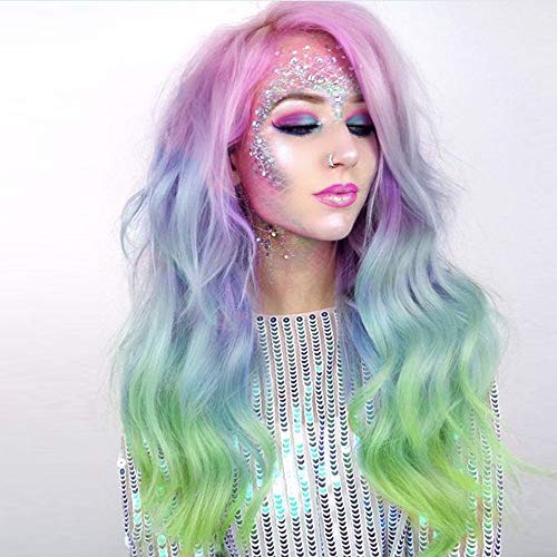 IMSTYLE Rainbow Synthetic Lace Front Wigs Colorful Natural Wave Synthetic Wig for Drag Queen Mermaid Cosplay Party 26 inches - Rainbow
