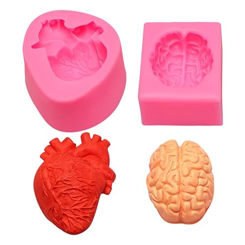 2 Pack Organ Shape Silicone Mold Heart Mold Brain Mold Epoxy Resin Mold Decoration Plaster Candle Aroma Fondant Mousse Chocolate Mold DIY Aromatherapy Decoration Mold - brain-heart