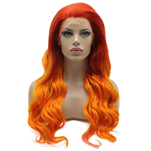 Lushy Wavy Long Two Tone Orange Ombre Wig Full Density Half Hand Tied Heat Friendly Synthetic Lace Front Wig - Orange - 24 Inch (Pack of 1)