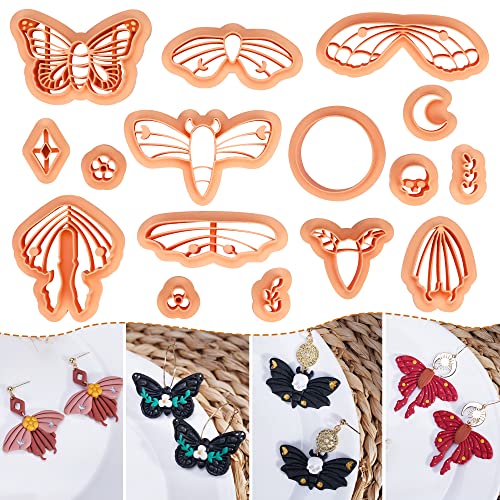 Puocaon Luna Moth Polymer Clay Cutters - 16 Shapes Clay Cutters for Earrings, Moth Shapes Clay Cutters for Polymer Clay Jewelry Making, Mystical Drop Dangle Earrings Clay Earring Cutters - luna moth