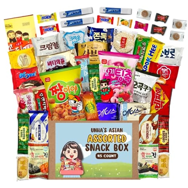 Korean Snack Box Variety Pack - 45 Count Individual Wrapped Gift Care Package Bundle Sampler Assortment Mix Candy Chips Cookies Treats for Kids Children College Students Adult