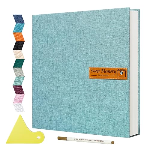 Large Photo Album Self Adhesive Magnetic Scrapbook,Scrapbook Album for 4x6 5x7 8x10 Picture,40 Pages Linen Cover Memory Book for Wedding Family Baby, with Metallic Pen and Scraping Plate(Grey) - 11''x10.6''40pages - Turquoise
