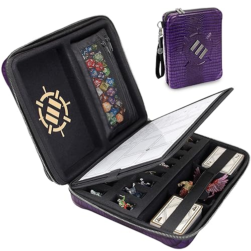 ENHANCE RPG Organizer Case - DnD Binder with Built-in Character Sheet Holder and Erasable Scribe Panel, Dice Rolling Area, Removable Pen Pouch, Miniature Foam Tray, Wrist Strap - Dragon Purple