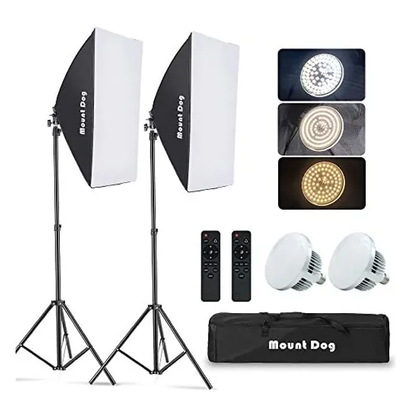 
                            MOUNTDOG Softbox Lighting Kit Studio Photography Continuous Lights Softbox With Dimmable LED 3 Colors Bulbs (85W/5700K), 2 Pcs Remote Control and Adjustable Light Stand for Portraits Fashion Advertising Photo Shooting YouTube Video
                        