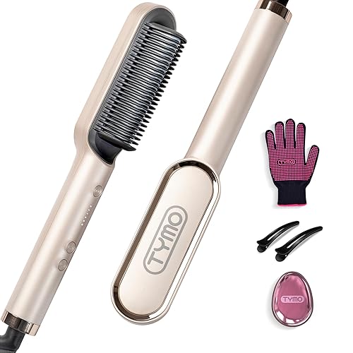 Hair Straightener Brush, TYMO Ring Hair Straightener Comb Straightening Brush for Women with 5 Temps 20s Fast Heating & Dual Voltage, Gold - Elegant Gold