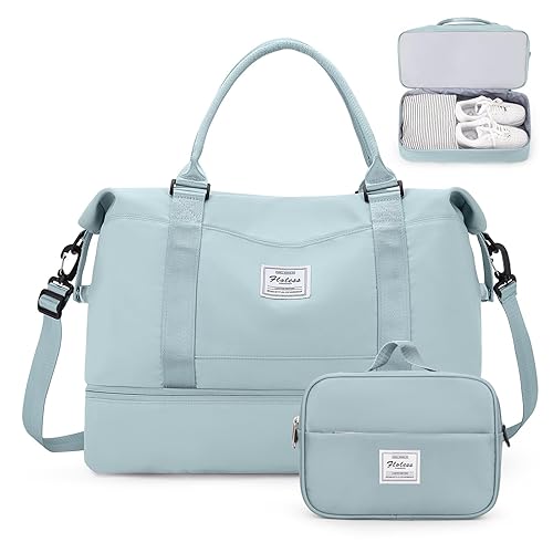 Weekender Bags for Women,Personal Item Travel Bag with Shoes Compartment,Overnight Travel Duffel Bag with Toiletry Bag - Large - Light Blue