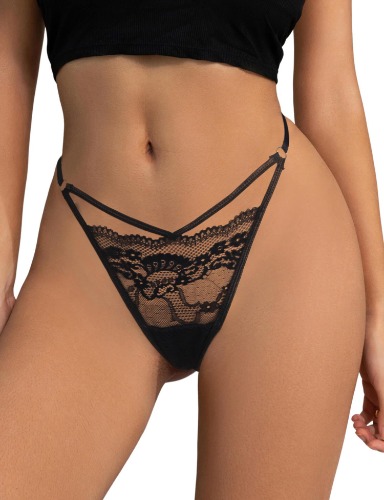 ohyeahlady Plus Size G-String Spets Kvinnor Låg Midja Mini String Elastisk Stringtrosa Resår T Tillbaka Thong T Tillbaka Mjuka Trosor Kurviga Underkläder Bikini Culottes - S - Svart