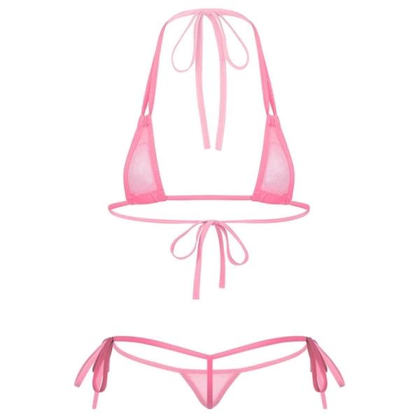 Womens See Through Micro Lingerie Set Bikini Suit Triangle Badkläder Mesh Strappy Halter Neck BrasThong Briefs-Pink, OneSize - Rosa