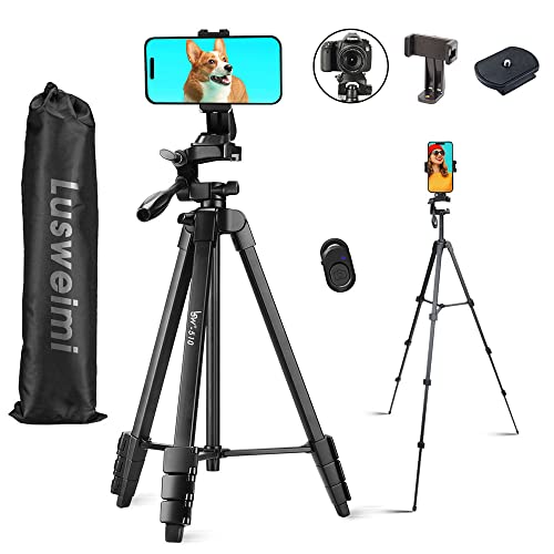 Phone Tripod, Lusweimi 60-Inch iPhone Tripod with Phone Holder & Wireless Remote, Aluminum Lightweight Camera Tripod with Carry Bag for iPhone/Video Camera/Webcam, for Video/Vlog/Selfie/Photography
