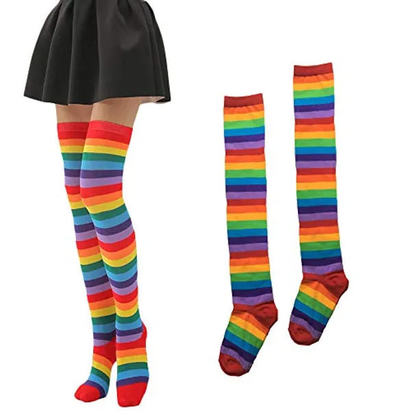 SUNTRADE Women's Extra Long Striped Socks Over Knee, High Stockings Opaque Cute Colorful rainbow socks Cosplay Party