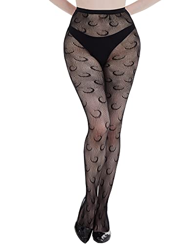 KLONKEE Pattern Fishnet Tights High Waisted Stockings Fashion Leggings Pantyhose for Women - One Size - Black-Moon