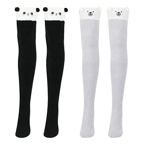 QKURT 2 Pairs Fluffy Thigh High Socks, Women Girls Knee High Socks Coral Fleece Warm Soft Over Knee Socks Cute Animal Long Socks for Winter
