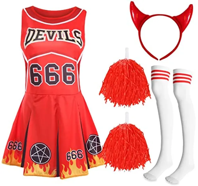 Ladies Halloween Devil Cheerleader - Red Cheerleader Dress, Red Pompoms, Devil Horns and White & Red Sport Socks - Adults Cheer Captain Halloween Trick or Treat Fancy Dress Costume