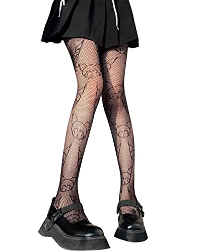KLONKEE Pattern Fishnet Tights High Waisted Stockings Fashion Leggings Pantyhose for Women - One Size - Black-Cartoon Rabbit
