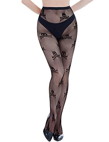 KLONKEE Pattern Fishnet Tights High Waisted Stockings Fashion Leggings Pantyhose for Women - One Size - Black-Skull