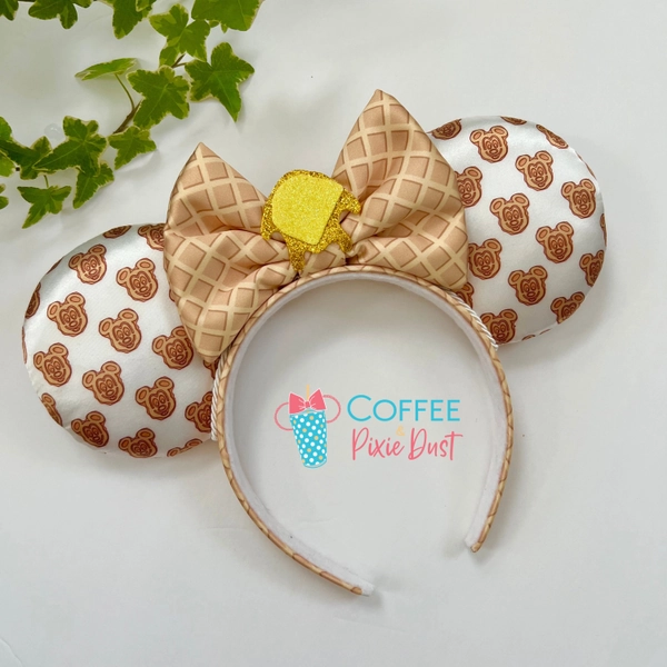 Mickey Waffle Ears With a Waffle Print Bow, Satin, Sparkly Butter