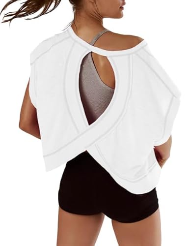 Kumufenc Women Short Sleeve Workout Shirts Open Back Tops Casual Yoga Y2k Athletic Gym Slouchy Crop Running Tees - Small - White
