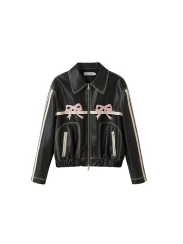 Bowknot Retro Color-Painted Leather Jacket | L / black×pink(presale)