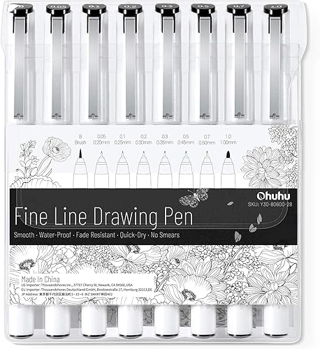 Ohuhu Fineliner Pens Micro Drawing Pens: 8-size Tips (Ultra-fine, Fine & Brush) Waterproof Pigment Black Ink for Illustration Drawing Journaling Sketching for Artist Beginners