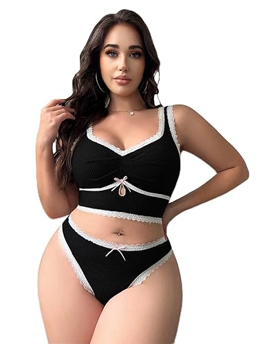 WDIRARA Women's Plus Size Lace Trim Ruched Underwire Lingerie Set Bralette and Panty Set - X-Large - Black White