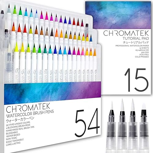 CHROMATEK 54 Watercolor Pens Set | Including 15 Page Pad & Online Video Tutorial Series | 4 Aquapens & 50 Unique Colors | Real Brush Pens | Easily Blendable, Vivid, Smooth | Professional Art Supplies - 54 us