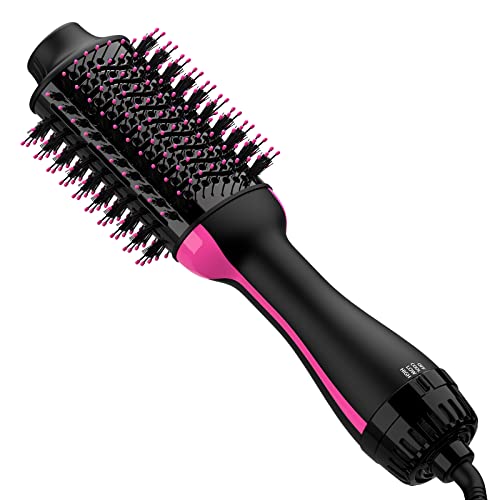Hair Dryer Brush Blow Dryer Brush in One Upgraded 4 in 1 Hair Dryer and Styler Volumizer with Negative Ion Anti-frizz Ceramic Titanium Barrel Hot Air Brush Hair Straightener Brush 75MM Oval Shape - Black/Pink