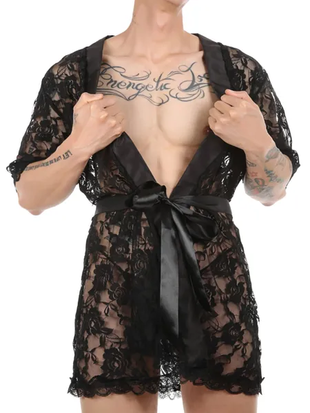 YONGHS Men Long Sleeve See-Through Sheer Transparent Robes Bathrobes Sleepwear Pajamas Lingerie Set