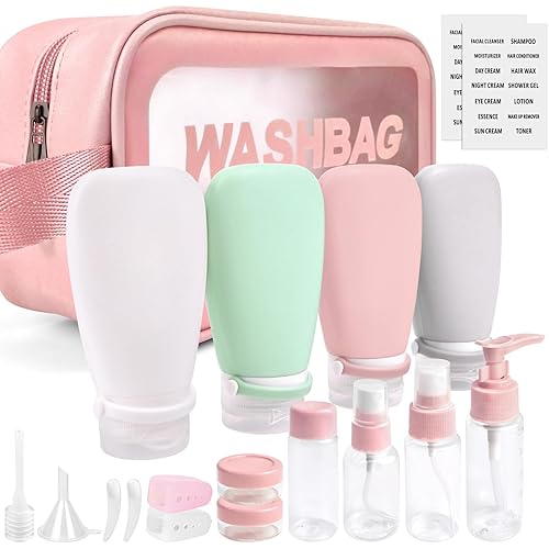 Noideeer 18 Pcs Travel Bottles for Toiletries Gym TSA Approved, Leak Proof with Bandage Silicone Squeezable 3oz for Toner Shampoo Conditioner Lotion Body Wash with Toothbrush Cover Tag and Wash Bag - Pink