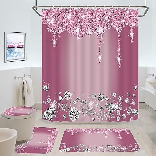 4 Pcs Glitter Diamond Shower Curtain Sets, Rose Red Shiny Drips Bath Decor with Rugs and Toilet Lid Cover, Fuchsia Luxury Texture Colorful Bling Modern Bathroom Curtain with 12 Hooks, 72 x 72 inch - Rose