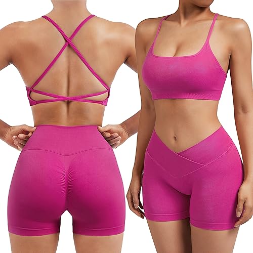 SUUKSESS Women V Cross Workout Sets Strappy Sports Bra High Waist Booty Shorts - 2-4 - #1 Hot Pink