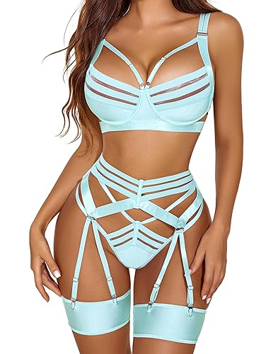 Avidlove Lingerie Set for Women Sexy Strappy Lingerie with Underwired Push Up Bra Support Garter Lingerie - Medium - Light Blue