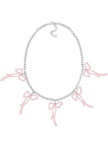 OJERRY Harajuku Edgy Aesthetic Bow Pendant Cool Choker Necklace Costume Jewelry Accessories Necklaces Romantic Gifts for Girls Women Trendy In Her Their 20s - Matte Pink
