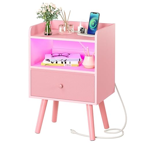 Yoobure Nightstand with Charging Station, Modern Night Stand with LED Lights, Wood Nightstands with Fabric Drawer & Storage Shelf, Night Stands Bedside Table with USB Ports for Bedroom, Office, Home - Pink