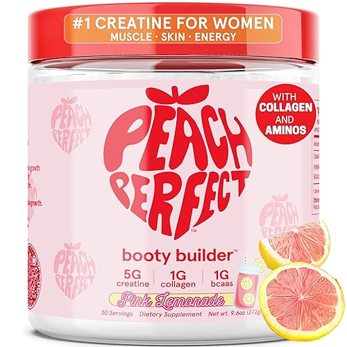 Peach Perfect Creatine Monohydrate Powder, Pink Lemonade, Glute Builder Creatine for Women with Collagen, BCAAs, 5g Vegan Micronized Creatine per Serving, for Energy, Muscle Support, 30 Servings - Pink Lemonade - 30 Servings (Pack of 1)