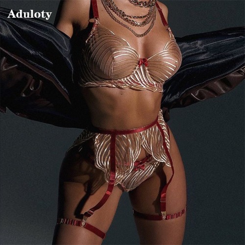 Aduloty Women's Sexy Lingerie Wave Embroidery Splicing Underwire Bra Summer Thin Section Perspective Garter Erotic Underwear Set