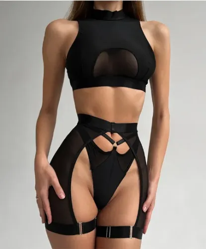 Ellolace Sexy Lingerie Set Woman 3 Pieces Vest Top Seamless Underwear Garter Belt Set Thong Black Intimate Exotic Sets