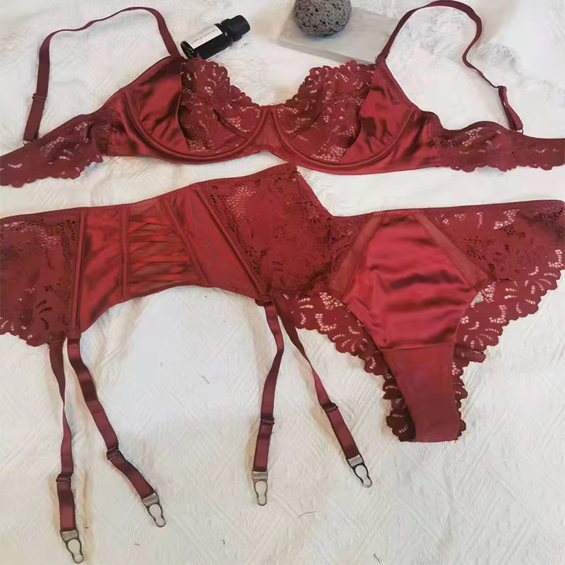 Sexy lace edge with steel ring gathered garter bra New French underwear bralette three-piece set temptation lingerie women - AliExpress 200574005