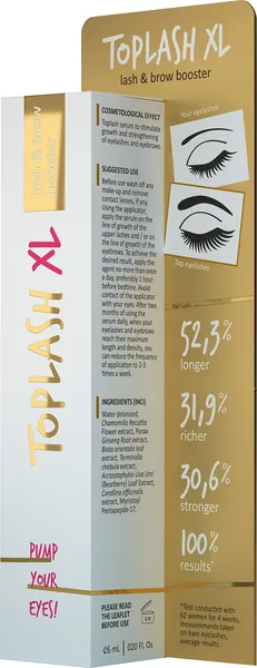 Toplash XL Lash and Brow Booster, Growth Serum with Eyelash and Eyebrow Enhancer, Promotes Stronger, Thicker, Healthier Lashes with Botanicals and Peptides - 