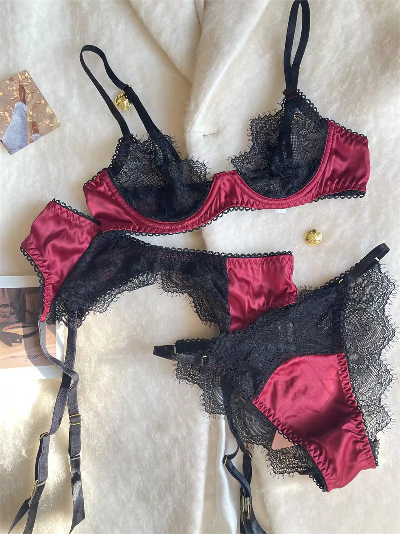 Sexy lace small breasts couple fun lingerie waistband panties three-piece set of red satin steel ring gathered bra - AliExpress 200574005