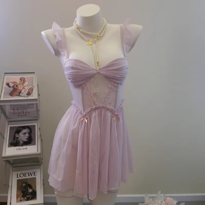 Black Lingerie Sexy Bow Sling Nightdress Slim Transparent Nightgowns with Panty Leg Rings Pure Desire Dress Pajamas for Women - AliExpress 200574005