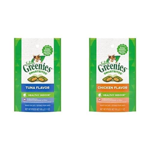 Feline GREENIES Cat Treats SMARTBITES Healthy Indoor Natural Dental Care, Tuna Flavour, 2.1oz Pouch and Chicken Flavour, 2.1oz Pou