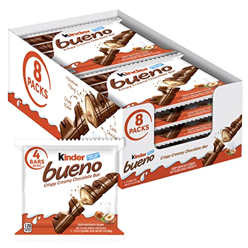 Kinder Bueno Milk Chocolate and Hazelnut Cream, 2 Packs, 2 Individually Wrapped Chocolate Bars, 1.5 oz each, Bulk 8 Pack - 4 Count (Pack of 8)