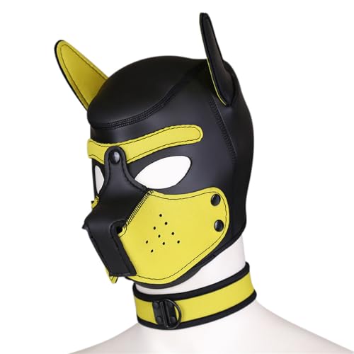 Neoprene Puppy Hood Mask with Collar, Removable Cosplay Dog Full Face Pup Hood Mask, Halloween Mask - Large - Yellow