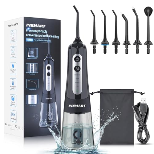 Cordless Water Dental Flosser Teeth Cleaner, INSMART Professional 300ML Tank DIY Mode USB Rechargeable Dental Oral Irrigator for Home and Travel, IPX7 Waterproof 6 Modes Irrigate for Oral Care - Black